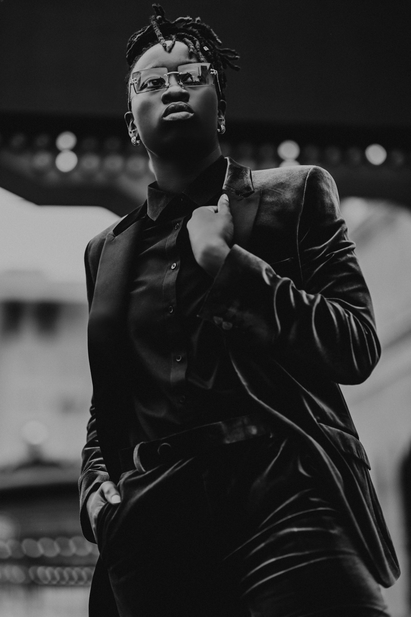 Black and white editorial portrait of an individual in Tacoma captured by Tamara Hudson Studios